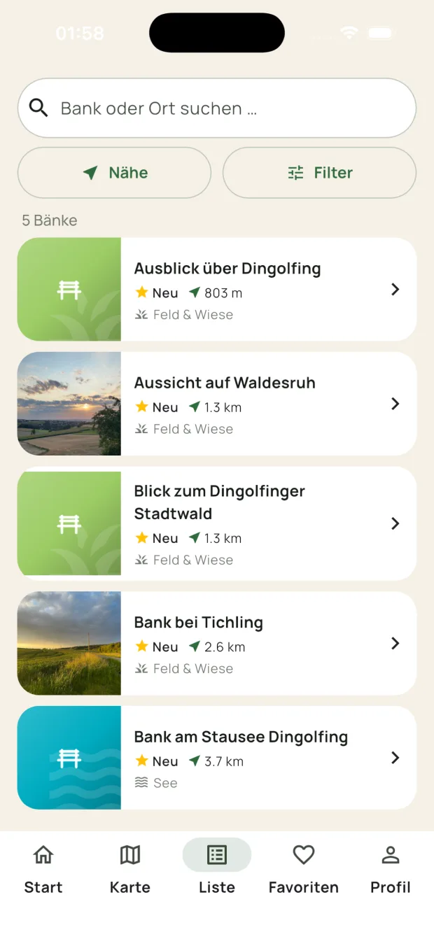 Listenansicht der Bankomat-App mit Suche, Filtern und Bänken sortiert nach Nähe